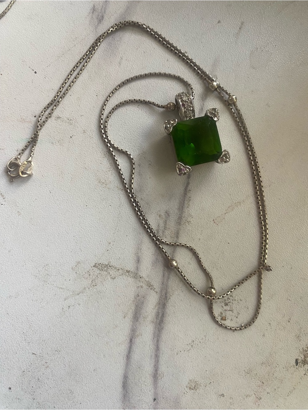 Green Square Gemstone Pendant Necklace - Unbranded 925 chain.
